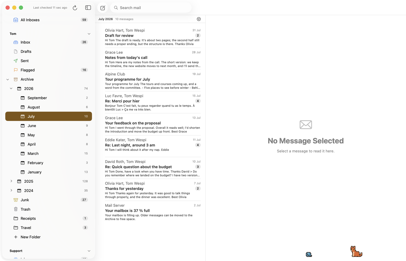 The sidebar with Tom's Archive listed by year and month: 2026 open with September to January and their counts, July selected and its 10 messages in the list