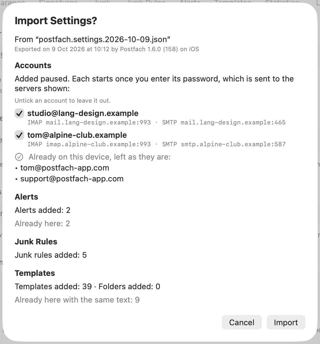The summary before a settings import on the Mac, from a file exported on an iPhone: two accounts to add, each ticked, with its IMAP and SMTP server; two accounts already on this device, left as they are; and 2 alerts, 5 junk rules, and 39 templates added