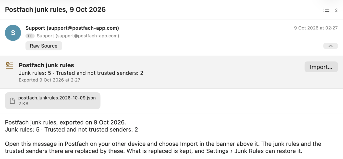 The message “Postfach junk rules, 9 Oct 2026” open on the other device, sent from the Support account to itself: a banner with “Junk rules: 5 · Trusted and not trusted senders: 2” and Import…, above the attached file