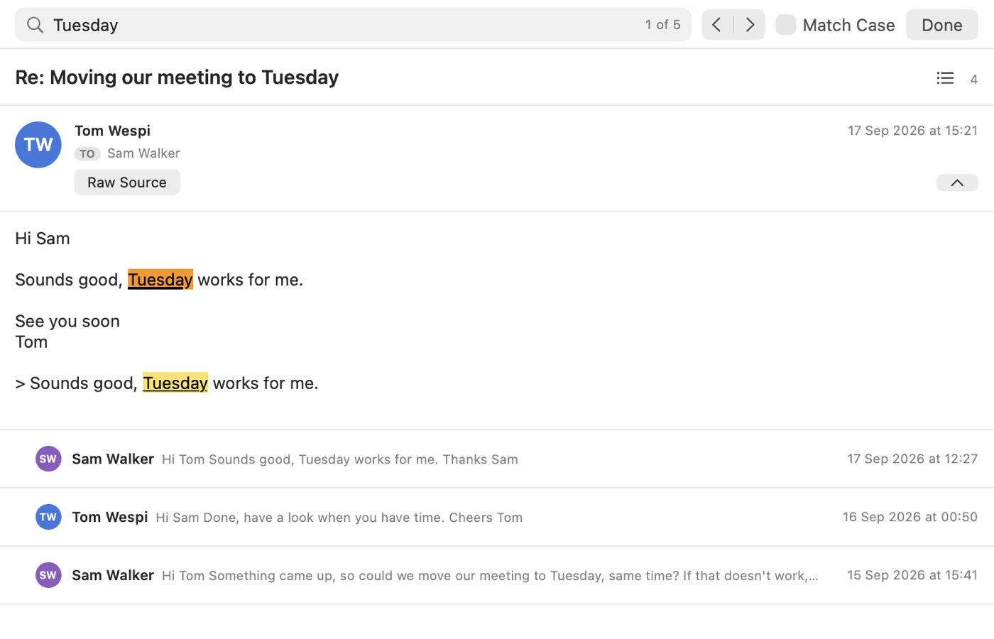 The find bar over an open conversation on the Mac: the word typed, its count, and the matches marked in the text, the current one stronger