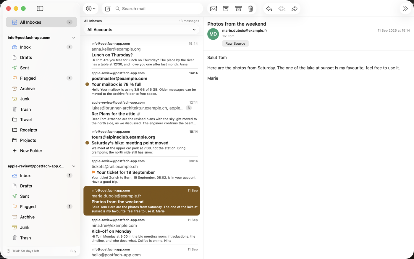 Postfach sul Mac: la posta in arrivo con un messaggio aperto