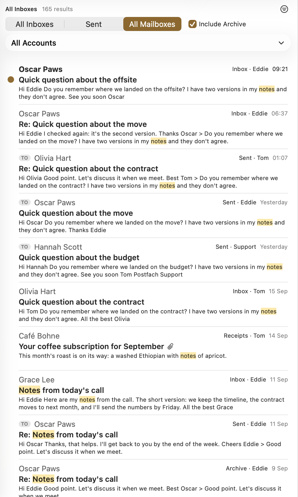 A search for “notes” across All Mailboxes with Include Archive ticked: 165 results, among them a message from the Archive