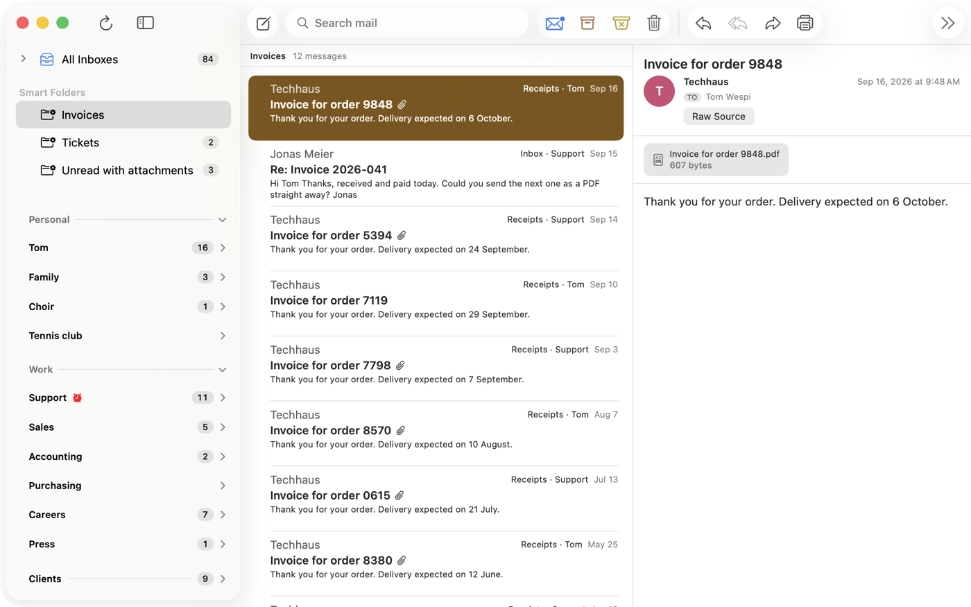 Postfach on the Mac with three smart folders above the accounts in the sidebar: Invoices is open and lists twelve messages from two accounts, each row naming its folder and its account