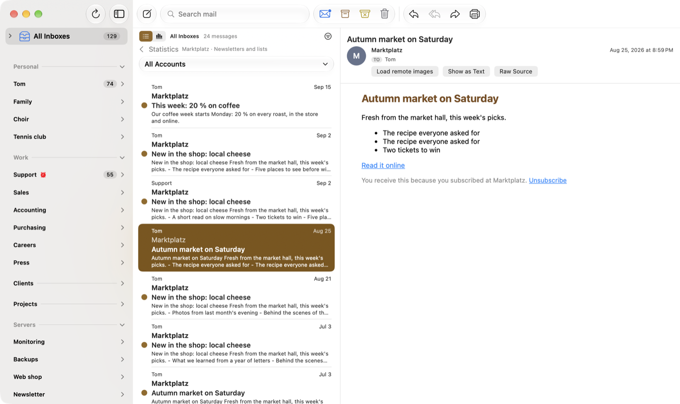 Macでメッセージリストとして開いたMarktplatzの24件のメッセージ: リストの上に、統計に戻るための行があり、Marktplatzと“ニュースレターとリスト”の名前が表示されています。その横では、ニュースレターの1件が開いています