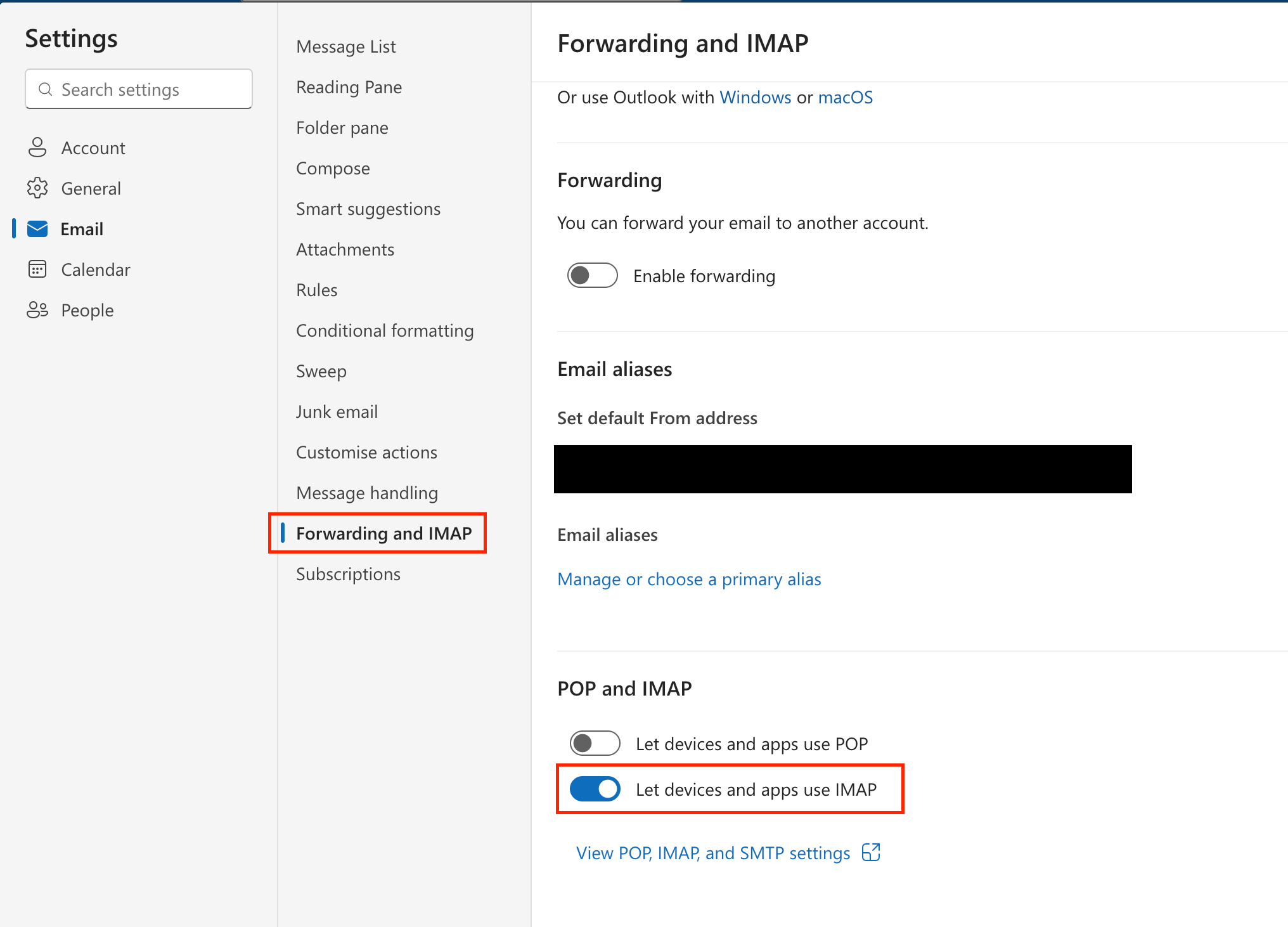 Outlook settings, Email, Forwarding and IMAP: under POP and IMAP, Let devices and apps use IMAP is switched on; the account's address is blacked out