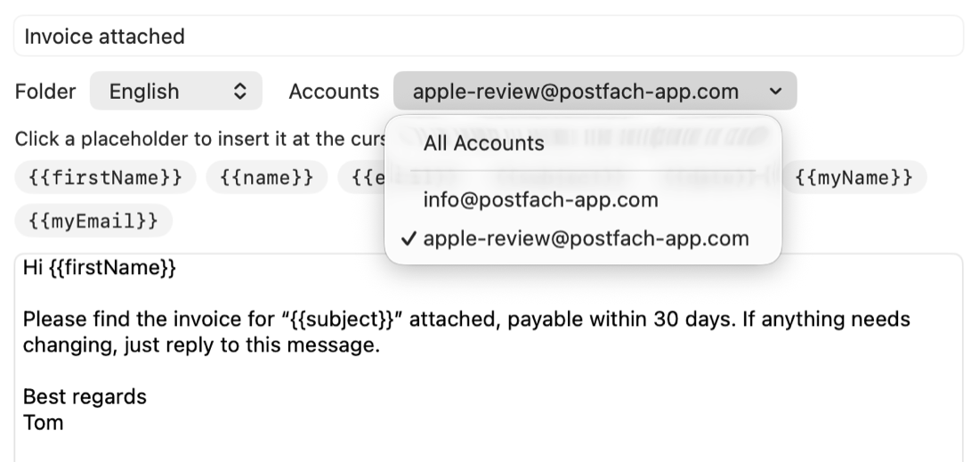 The Accounts menu of the template “Invoice attached”: All Accounts, info@postfach-app.com, and apple-review@postfach-app.com, only the last one ticked