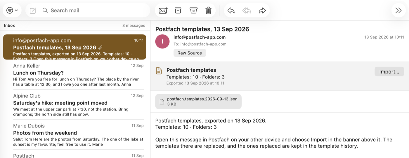 The message “Postfach templates, 13 Sep 2026” open on the other device, with a banner offering Import… above the attached file