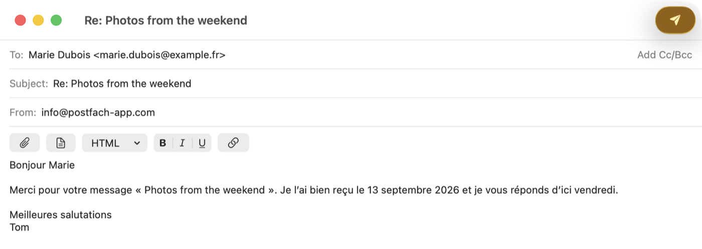 A reply to Marie Dubois from the French template “Merci, bien reçu”, with the date written as 13 septembre 2026