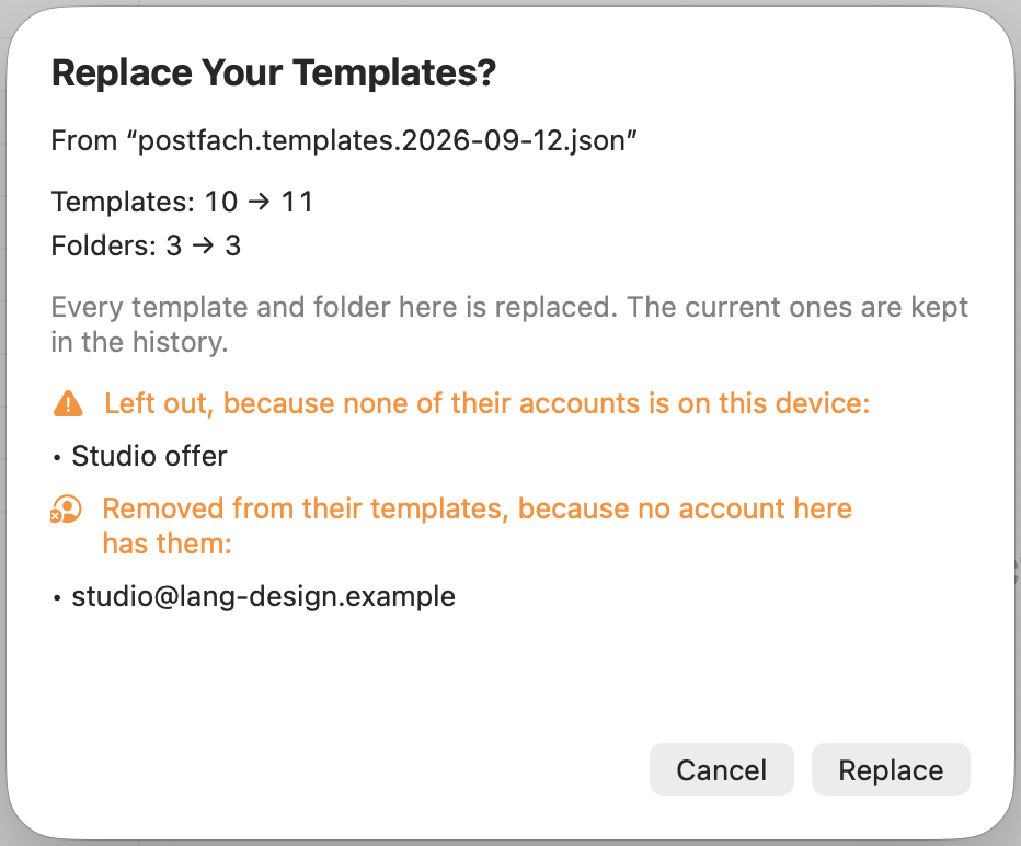 The summary before an import: templates 10 to 11, folders 3 to 3, and “Studio offer” left out because its account is not on this device