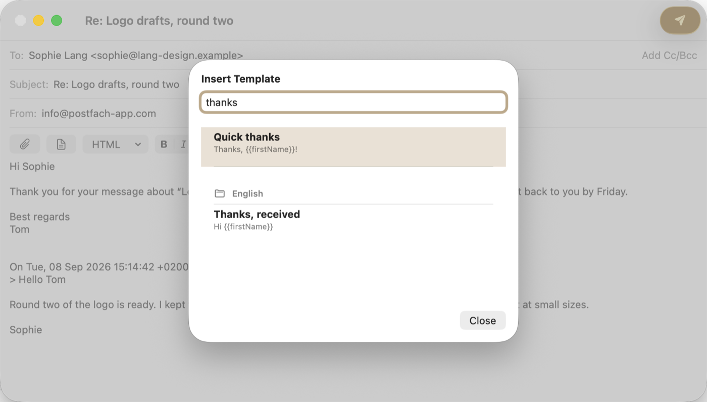 The Insert Template picker over a message being written, searching for “thanks” and listing Quick thanks and, in the English folder, Thanks, received