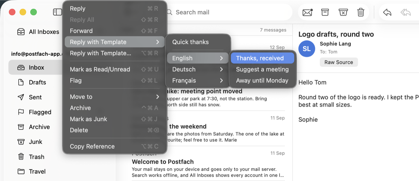 The Message menu open on the Mac: Reply with Template, then the English folder, with Thanks, received highlighted