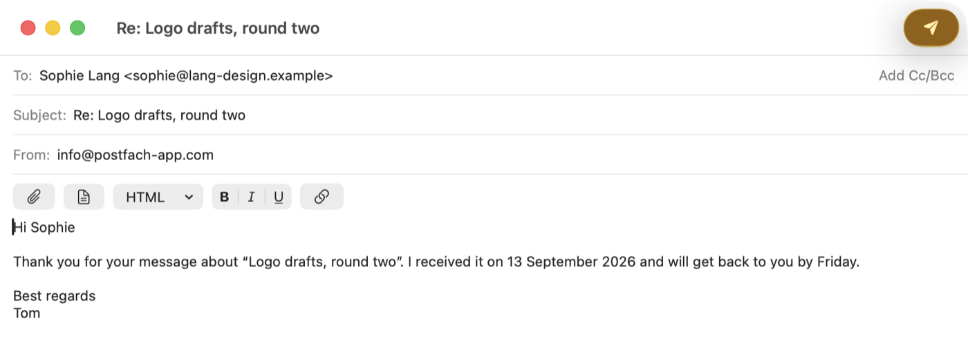 A reply to Sophie Lang written from the template “Thanks, received”: “Hi Sophie”, the subject in quotes, and 13 September 2026 filled in