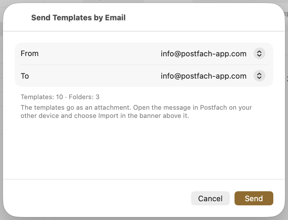 The Send Templates by Email sheet: From and To both info@postfach-app.com, with 10 templates in 3 folders