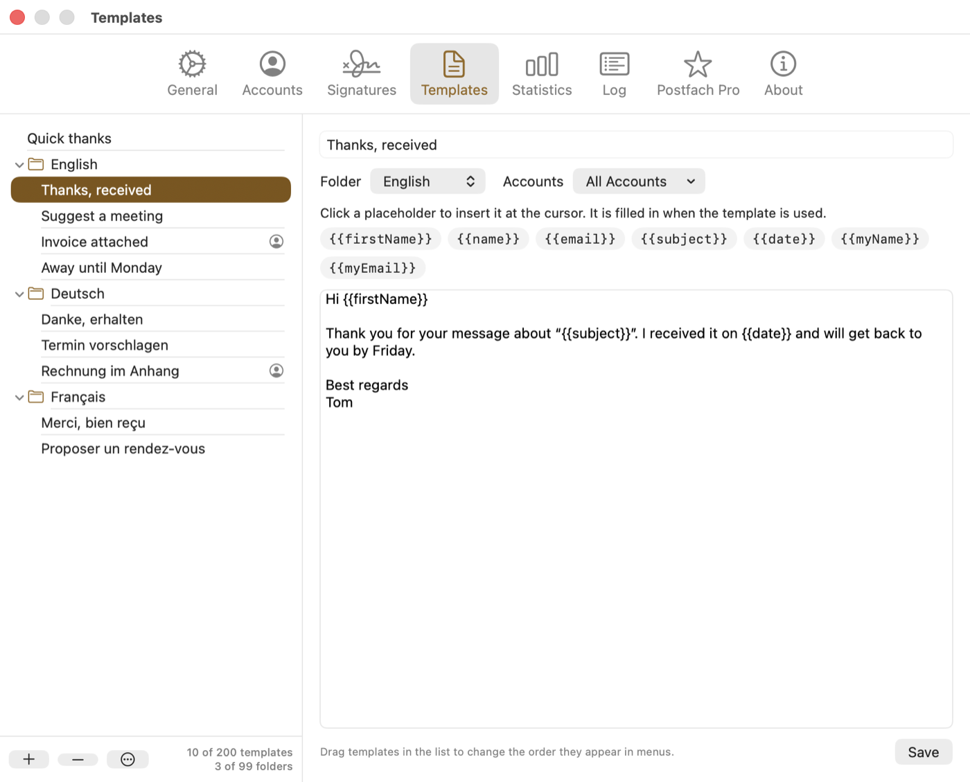 Postfach's Templates settings on the Mac: folders for English, Deutsch, and Français in the list, and the template “Thanks, received” open with its placeholder chips